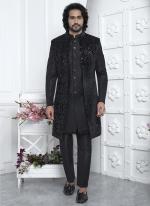 Art Silk Black Wedding Wear Pattern Pc Readymade Sherwani